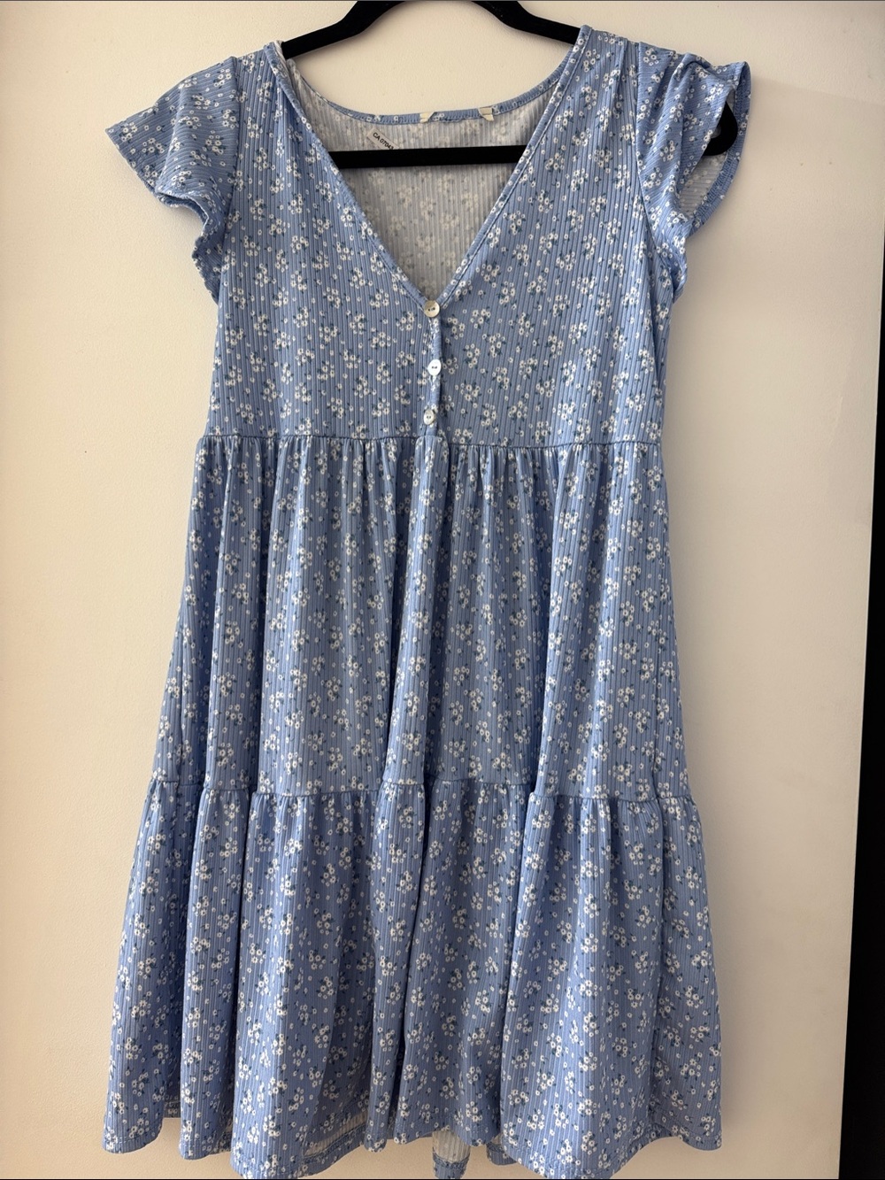 Blue Floral Tiered Kids Dress with Buttons